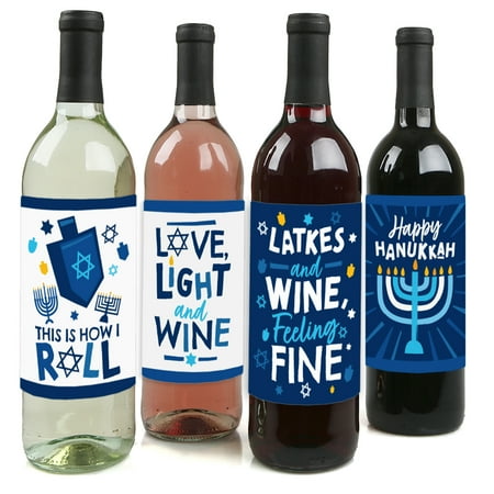 Big Dot of Happiness Hanukkah Menorah - Chanukah Holiday Party Decorations for Women and Men - Wine Bottle Label Stickers - Set of 4