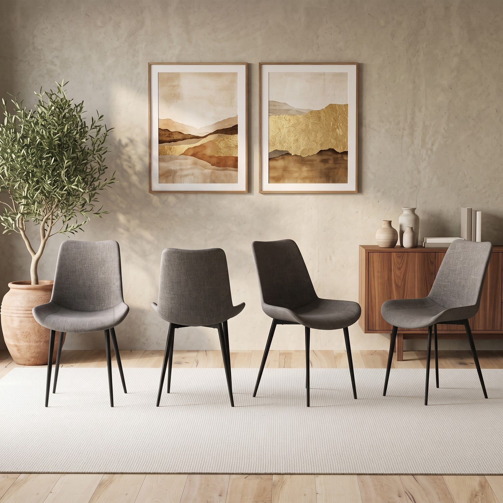 Furnibear Set of 4 Upholstered Dining Chairs with Metal Legs, Faux Linen Padded Back Kitchen Side Chairs, Ergonomic Armless Accent Chairs for Dining Room Living, Gray
