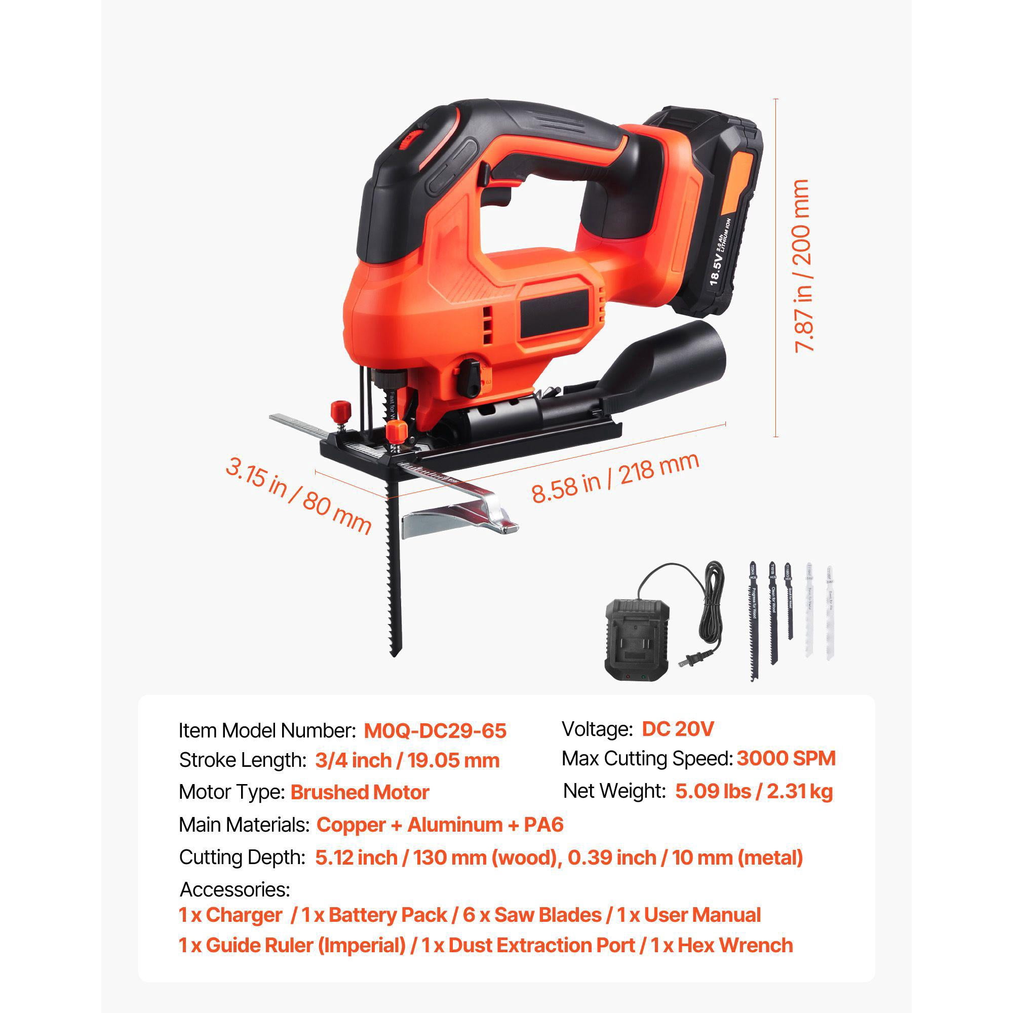 20V Cordless Jig Saw 3000 SPM with Battery Charger LED Light 6 Variable Speed 0-45 Degree Bevel Cuts 6 Blades 4 Orbital Settings for Wood Metal Cutting