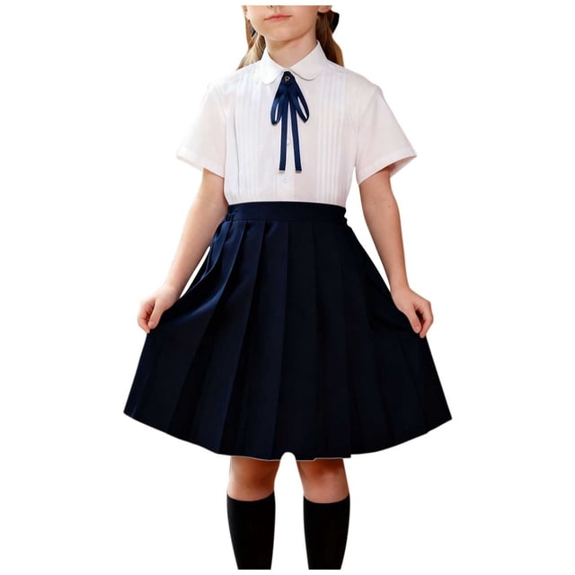 Odeerbi Niñas 3 Piezas Preppy Vestido de Manga Corta Camisa de Vestido A Rayas y Falda Plisada Conjunto de Uniforme Escolar Con Corbata