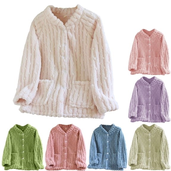 Teyfeniy Fleece Pajama Top for Women Fuzzy Bed Jacket Button Down Long Sleeve with Pocket Solid Colid Soft Loungewewar Warm Comfy Sleepwear Loose Sleeping Jacket Nightwear