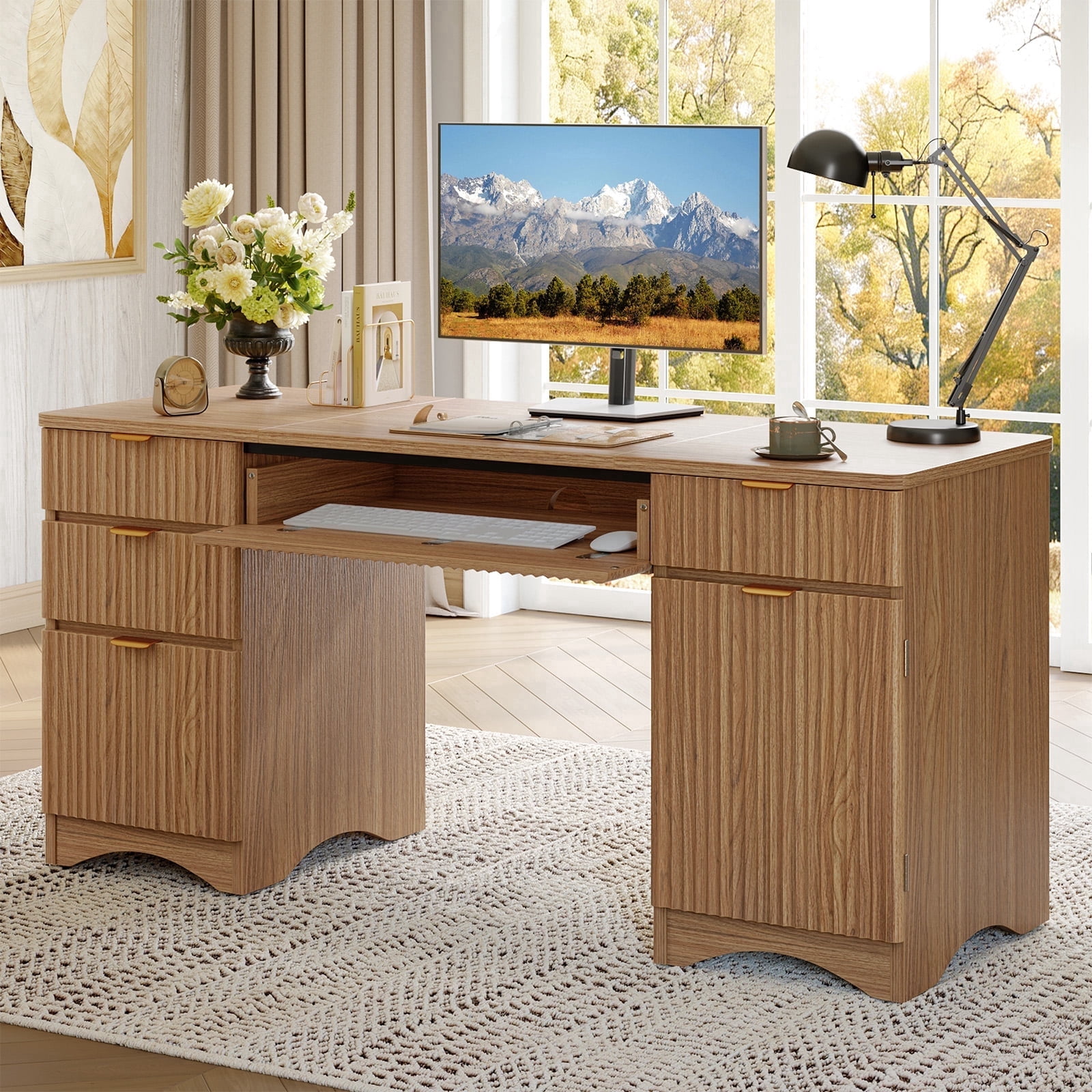 Bestier 63" Executive Desk with Keyboard Tray, Modern Home Office Desk with 4 Drawers & 1 Large Cabinet, Fluted Computer Writing Desk for Study, Living Room, Bedroom, Brown