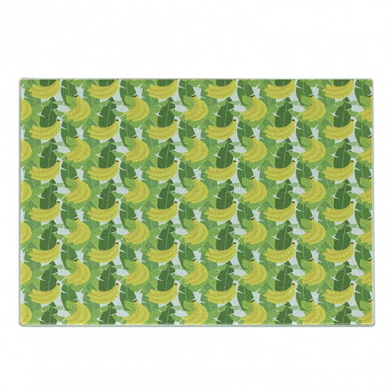 Banana Leaf Cutting Board, Large Hanging Cluster of Ripe Bananas Cartoon Illustrated Design, Decorative Tempered Glass Cutting and Serving Board, Small Size, Fern Green and Yellow, by Ambesonne