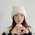 thumbnail image 2 of Plush Cat Ear Beanie Hats Windproof Winter Hat Knitted Wool Cap Outdoor-White, 2 of 5