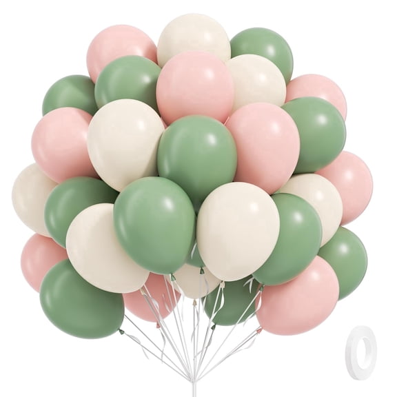 Pink and Green Balloons, 60pcs 12in Sage Green Light Pink Sand White Balloons for Birthday Party Decorations