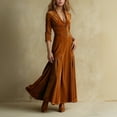 thumbnail image 2 of IWRICH Women's 3/4 Sleeve Velvet Shirts Dress V Neck Button Ruffle Pleated Single Maxi Party Dress Brown XL, 2 of 5