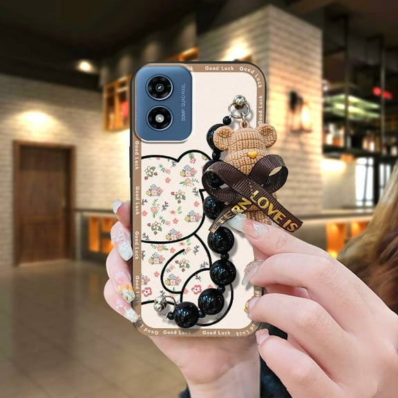 ABL-Phone Case For MOTO G Play 2024/4G/5G, Black pearl pendant Anti-knock soft case Back Cover Simplicity cute Dirt-resistant protective case Bear bracelet Cartoon Skin-friendly feel