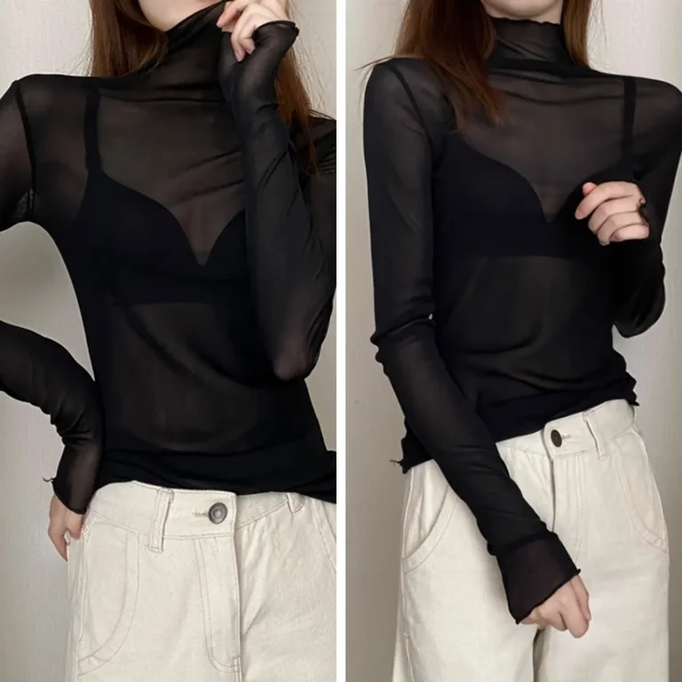 Celebrities Elegant Solid See-through Mesh Turtleneck Tops Celebrities Elegant Solid See-through Mesh Turtleneck Tops