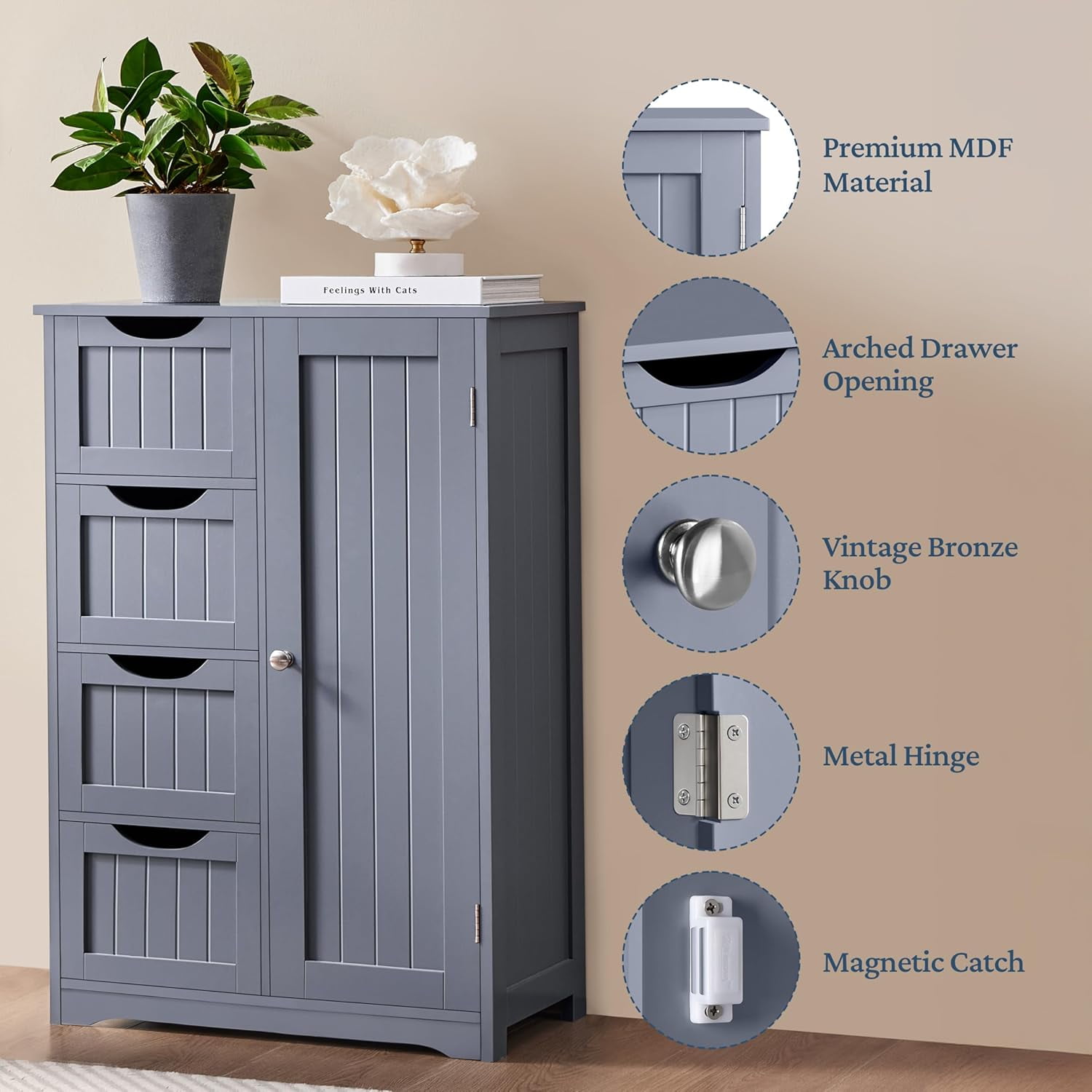 Bathroom Floor Cabinet, Freestanding Storage Organizer Unit Kitchen Cupboard W/ 4 Drawers & Adjustable Shelves, Using for Kitchen/Bathroom, Gray