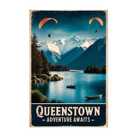 Queenstown New Zealand Poster – Vintage Adventure Art Print - Queenstown Otago New Zealand Illustration Travel Poster Vintage Poster Mountain Scenic Nature Boat Unframed Wall Art Print 5 x 7 inches