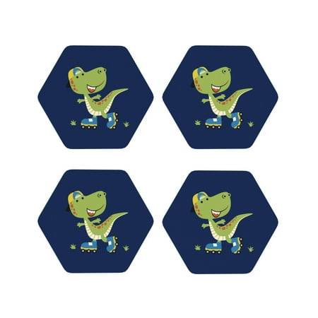

Leather Coasters Set of 4 - Dino Playing Roller Skate Lightweight Non-Slip Drink Coasters for Desk Anti-Scalding Desk Cup Coasters for Office Table Decor Hexagon