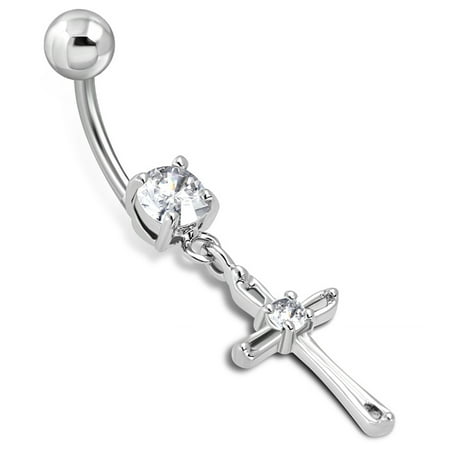 - Stainless Steel Cubic Zirconia Classic Minimalist Cross Charm Dangling Belly Button Navel Ring