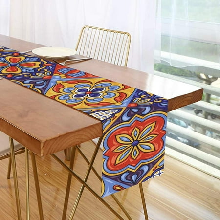

Hyjoy Table Runner Mexican Talavera Polyester Dresser Scarves Machine Washable Non-Slip for Family Dinner Parties Kitchen Holidays Decoration 13 x 90 Inch