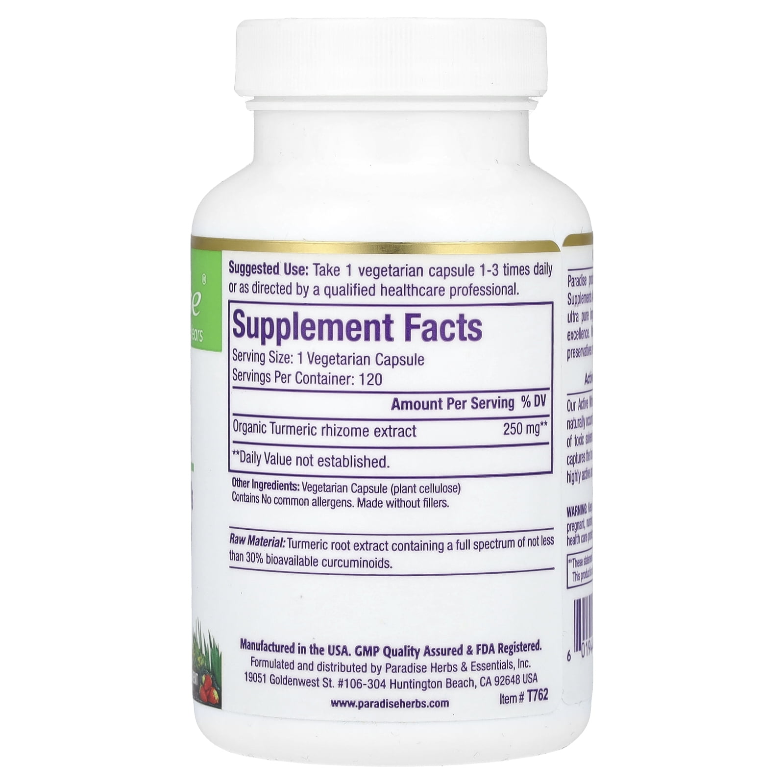 Paradise Herbs Turmeric, 120 Vegetarian Capsules (250 mg per Capsule)