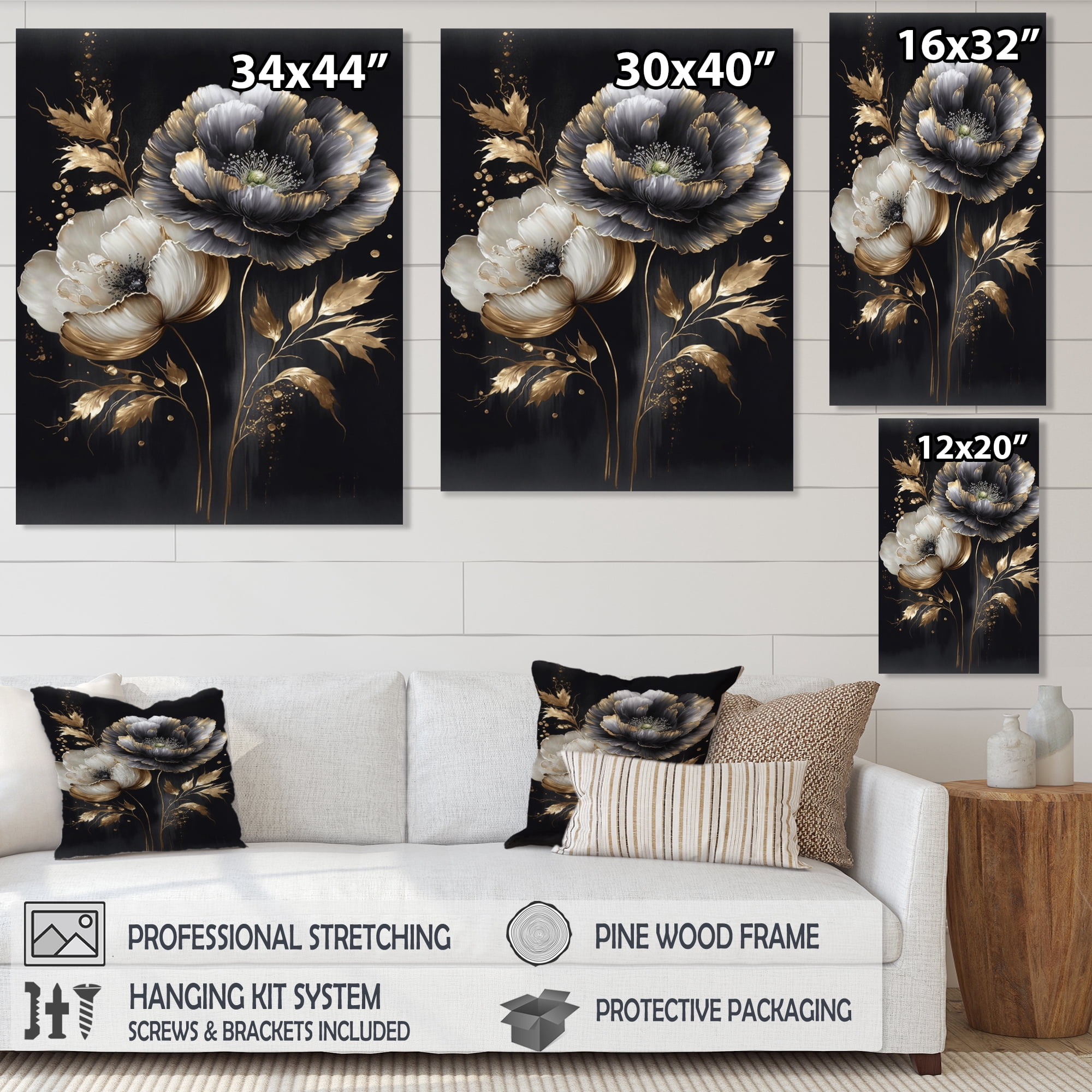Designart Grey Gold Flower Bouquet IV Canvas Wall Art