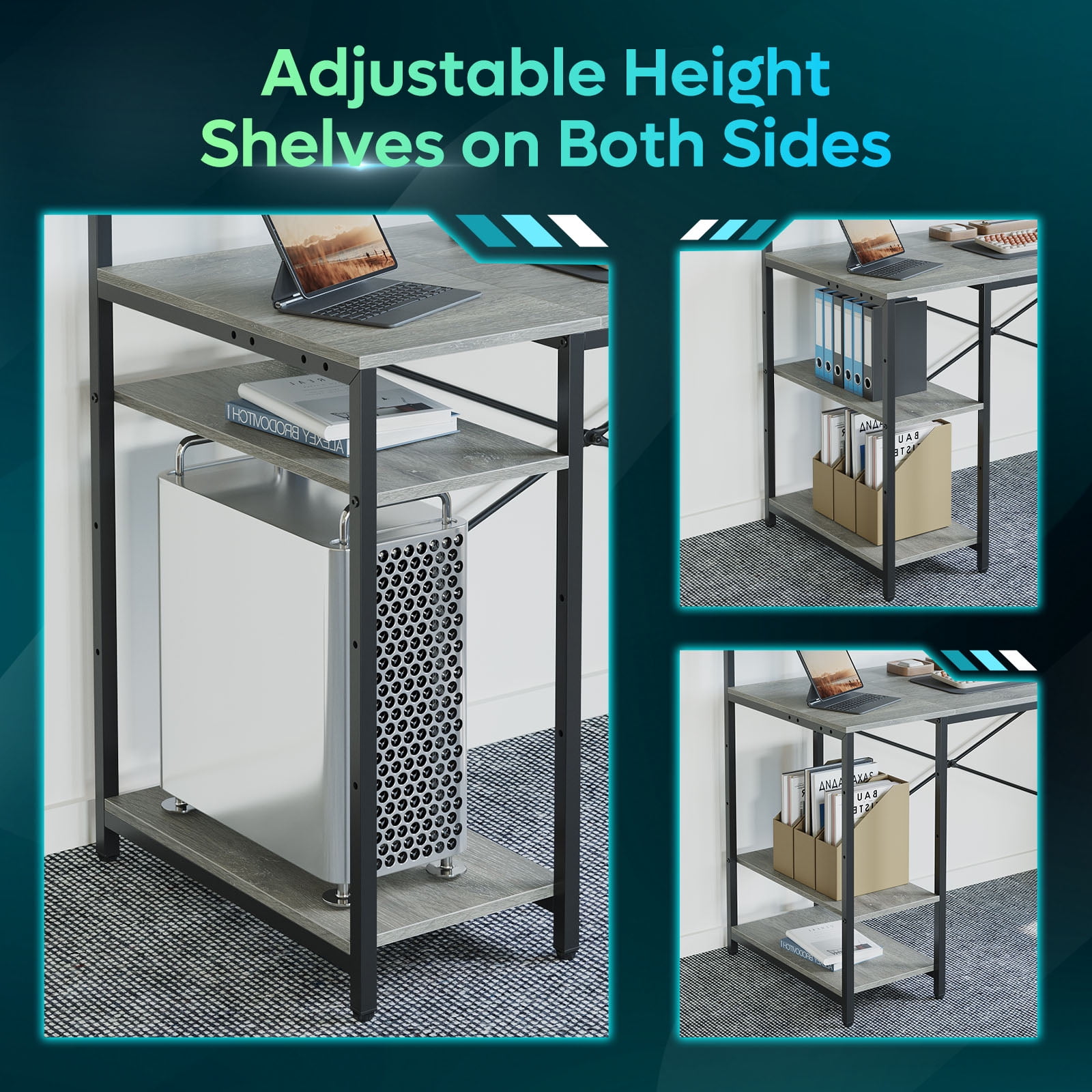 Bestier 55 inch Computer Desk with Outlets & LED Light, Office Desk with Storage Shelves & Monitor Stand, Corner Desk with Cup Holder & Headset Hooks, Grey