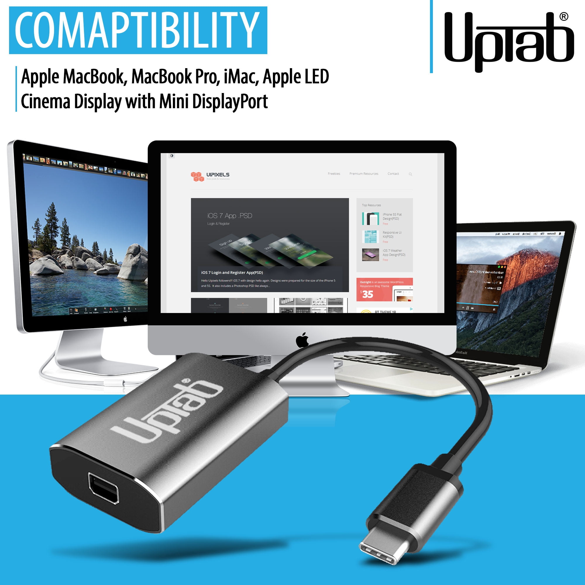 UPTab USB-C Thunderbolt 3 Male to Mini DisplayPort Male Cable with Power Port, Graphite