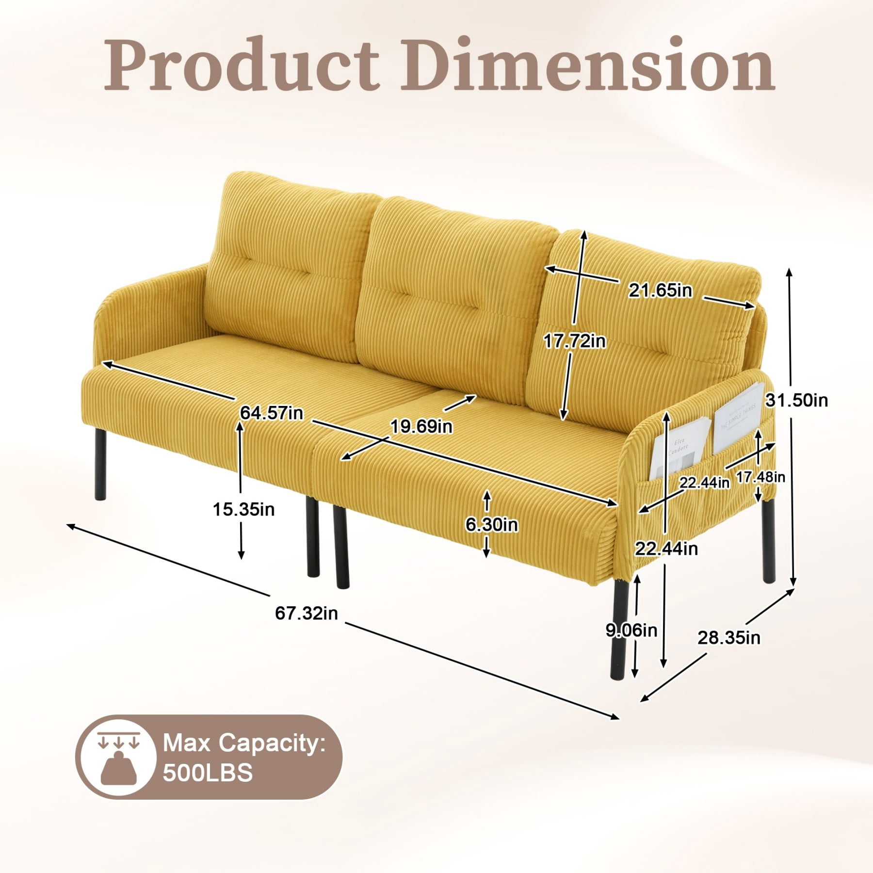 Oversized Loveseat Sofa, Modern Corduroy Upholstered Couch with Side Pockets & Metal Legs for Living Room Bedroom, Mustard yellow