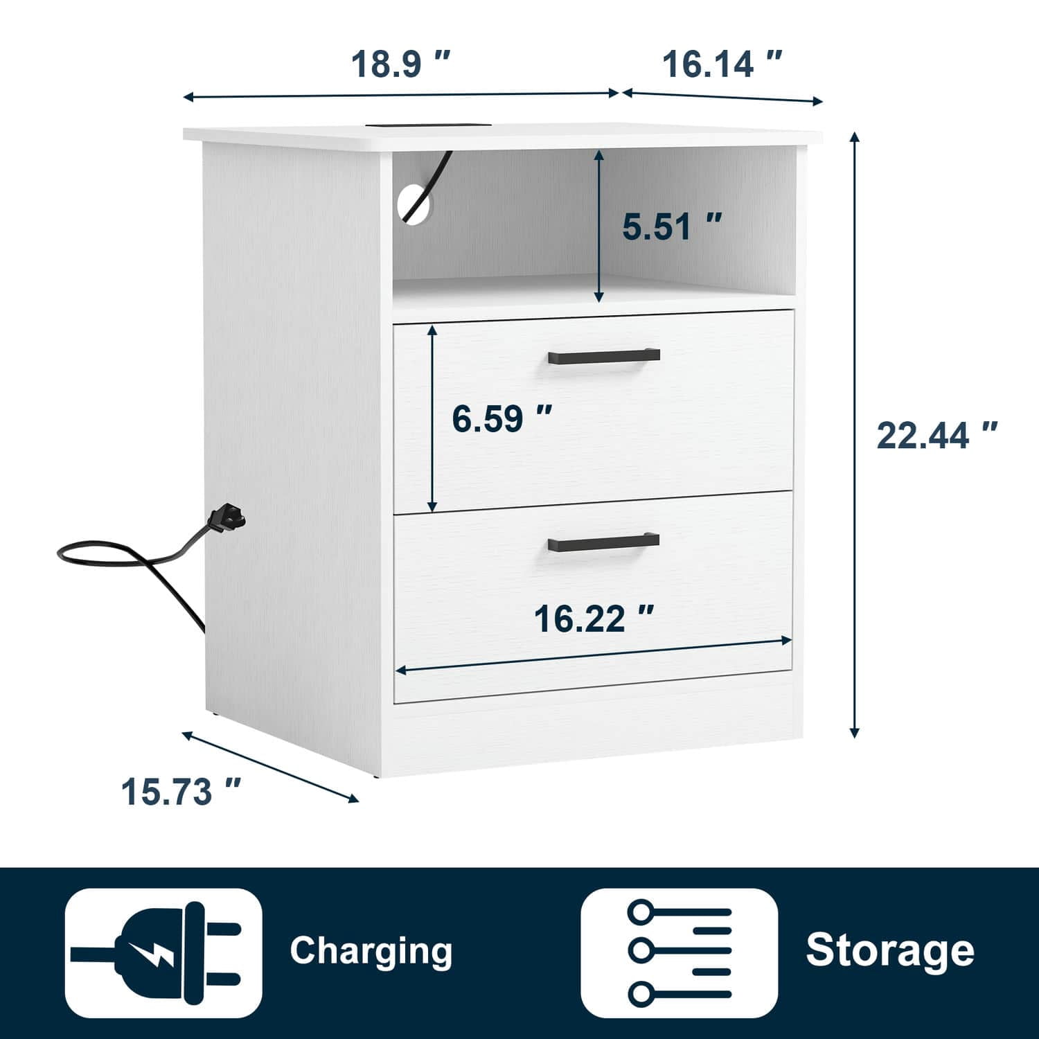 Spaco End Table with Charging Station, Nightstand with USB Ports & Outlets, Modern Bedside Table with 2 Storage Drawer and Top Shelf for Bedroom, White
