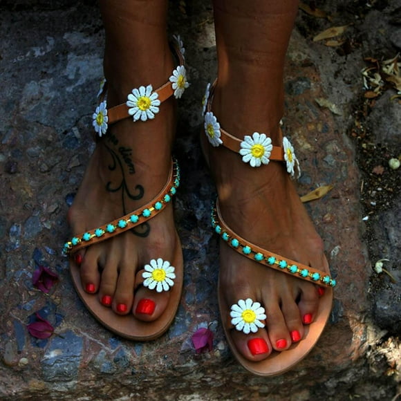 jsaierl Sandals for Women Summer Cute Daisy Flower Flat Sandals Clip Toe Slip-on Slides Roman Sandals