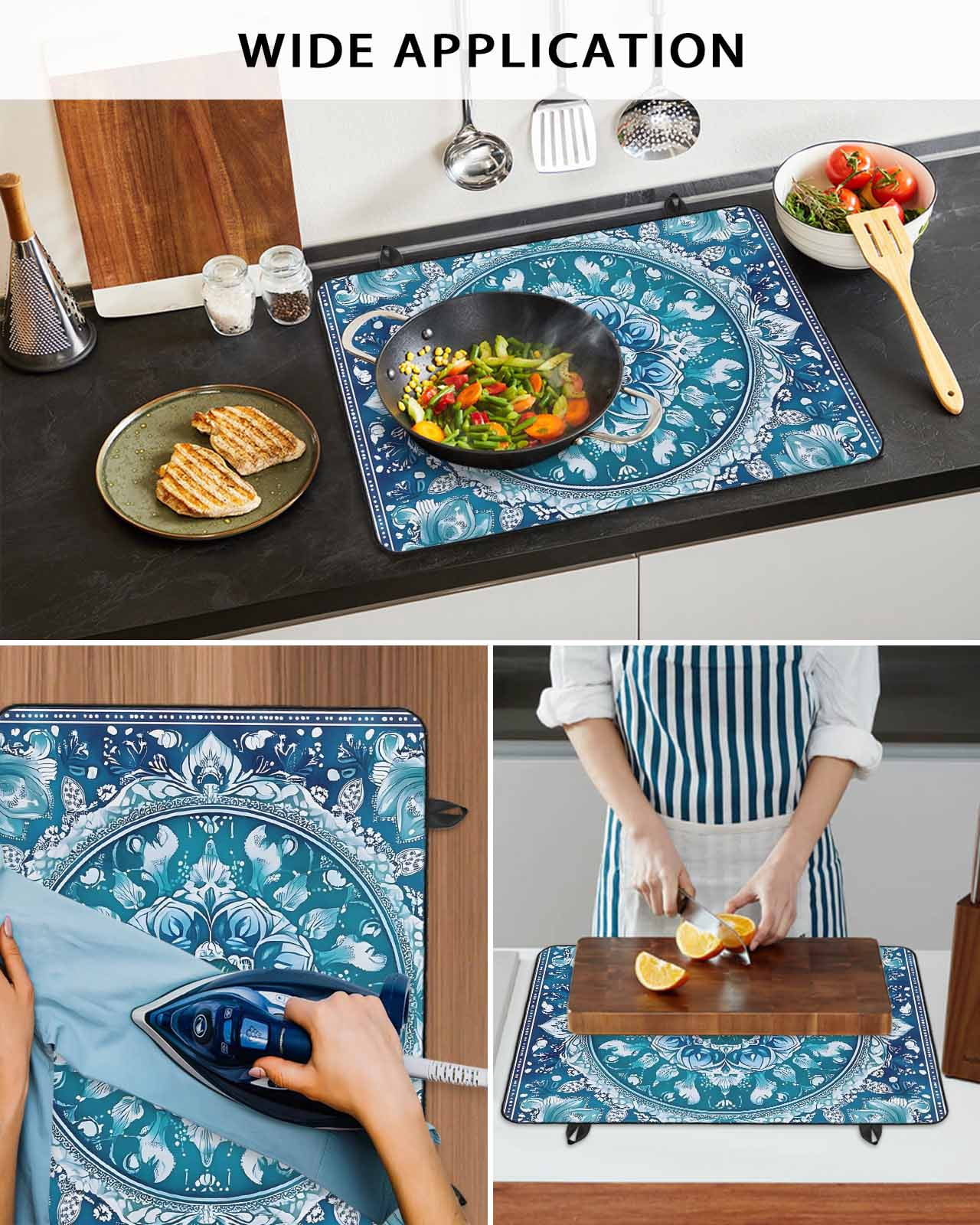nqOlkjepod Large Induction Cooktop Protector Mat 36"x21", Boho Teal Blue Stove Top Covers for Electric Stove, Abstract Flowers Ethnic Southwestern Stove Burner Cover Mats, Glass Top Stove Cover