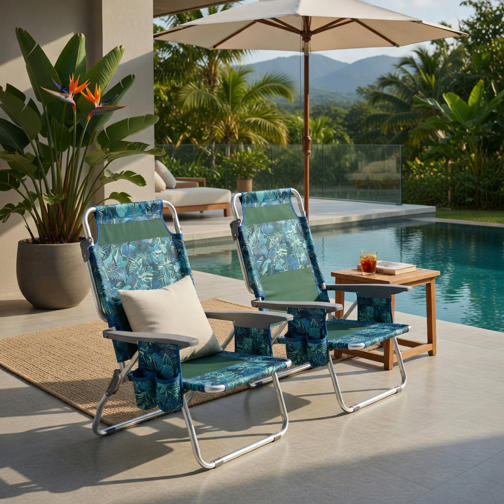 Hommoo 4-Pack Adjustable 5-Position Folding Beach Chair Set with Pillow, Aluminum Frame, Navy