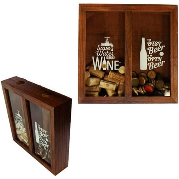 Divided Wood Wine Cork and Beer Cap Holder Box