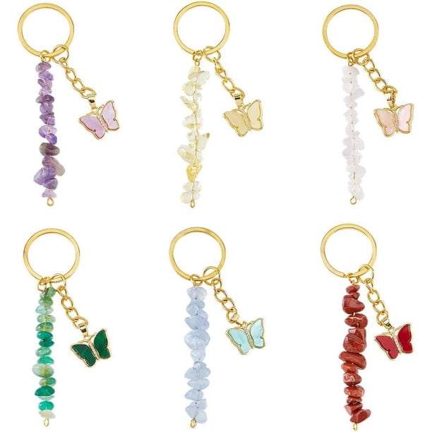 6 llaveros de piedras preciosas de 6 estilos con dijes de mariposa, llavero de cuentas con aros de hierro divididos, llavero de cuentas de piedra para pareja, mejor amigo, familia, 9 cm