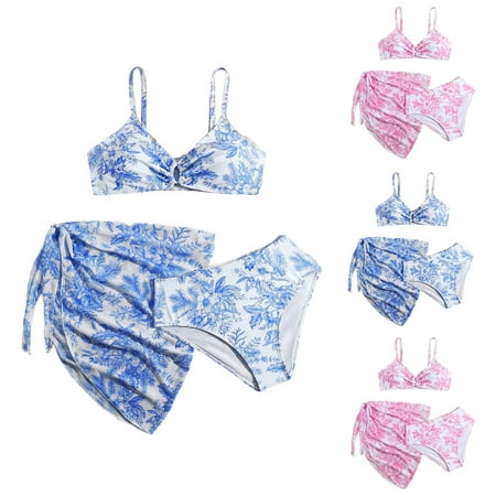 Sopiago Girls Swimsuit V Neck Swimwear Adjustable Straps Stylish Bikini Set with Cover Up 3Pcs Bathing Suits for Teen Girls Blue 13-14 Years