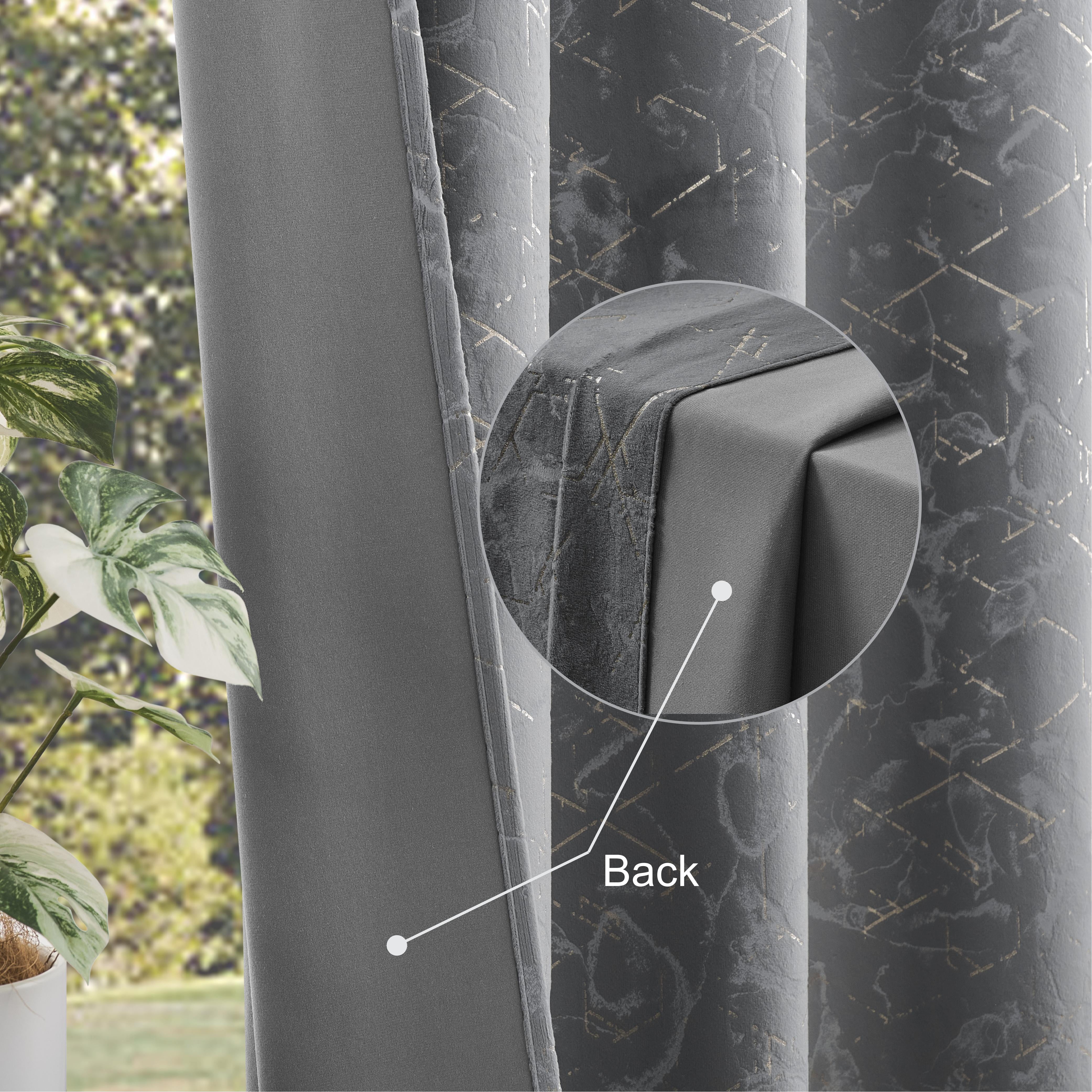 Mumo Luxury Gray Velvet Curtains with Gold Foil Print Shiny Geometric Line Pattern,Grommet Blackout Curtains for Living Room Bedroom,2 Panels,52"×63"