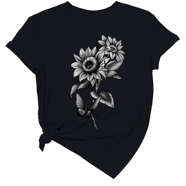 Liquidation! Uooqdmx T-Shirts Graphiques, Chemises Florales pour Femmes, Chemises Tournesol pour Femmes, T-Shirt Décontracté à Manches Courtes Col Rond Printemps, Hauts de Printemps pour Femmes 2025, Noir TG