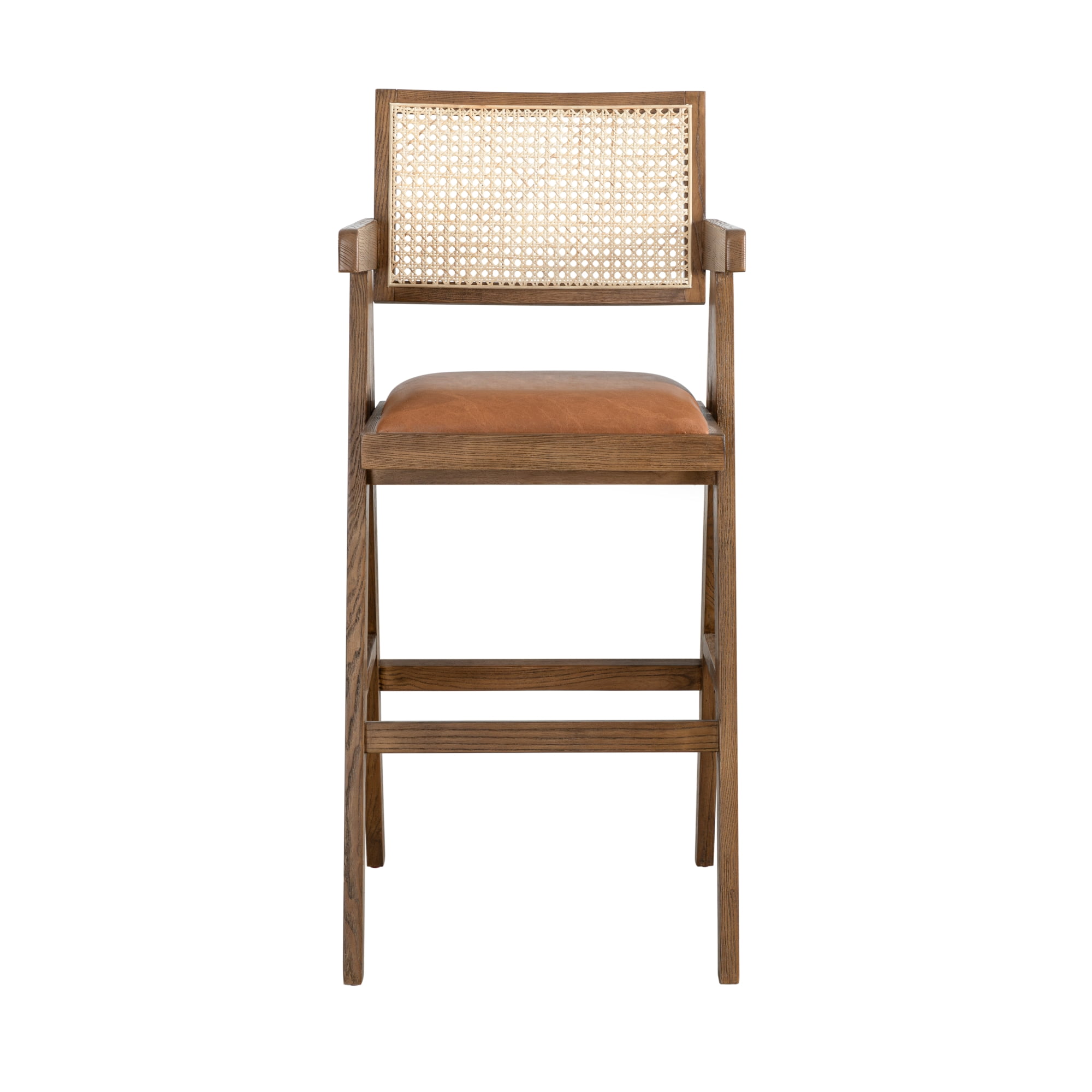 Harley Nutmeg Brown Solid Wood and Rattan Upholstered 30" Bar Height Barstool with Red/Brown Faux Leather Seat - Set of 4