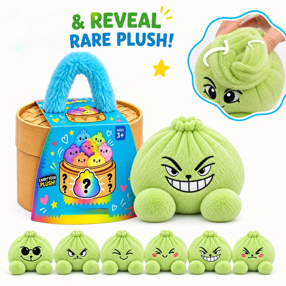 Mystery Green Dumpling Plush,1Pcs Random Cute Expressions Stuffed Steamed Bun Plushie, Reversible Squeezable Fidget Toy with Simulated Steamer & Blue Fuzzy Handle, Collectible Surprise Gift for Kids