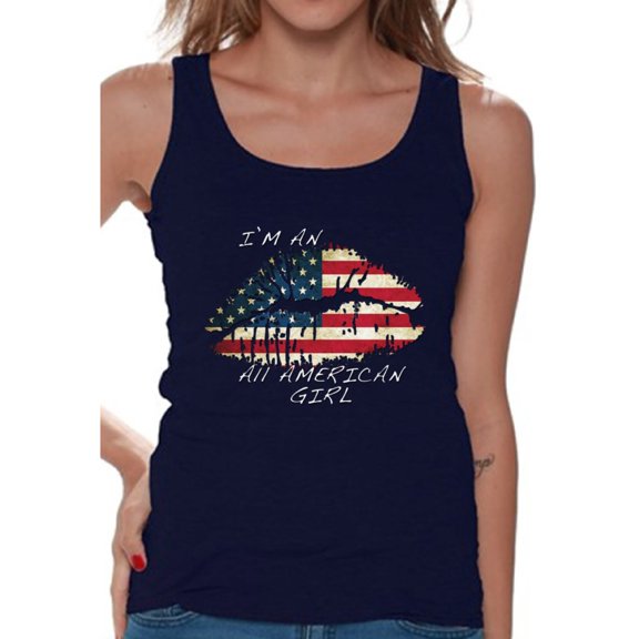 Awkward Styles Women's I Am An All American Girl Graphic Tank Tops Lips USA Flag 4th of July