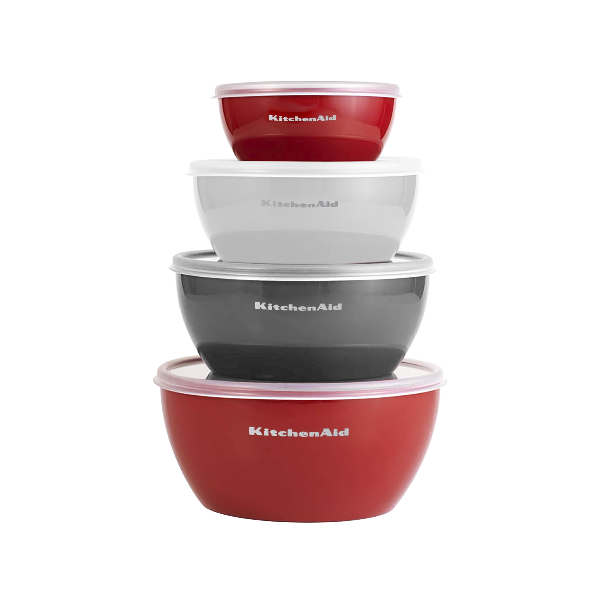KitchenAid 4 Piece Prep Bowl Set with Lids, Assorted Sizes and Colors Red, Grey, White