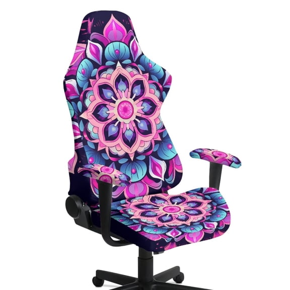 FUIALDOLG Purple Mandala Floral Chair Cover With Armrest Anti Slip Bohemian Gaming Chair Cover for Mesh Office Chairs Anti Slip Stretch Slipcovers for Gaming Setup,Pet Proof Furniture Protector