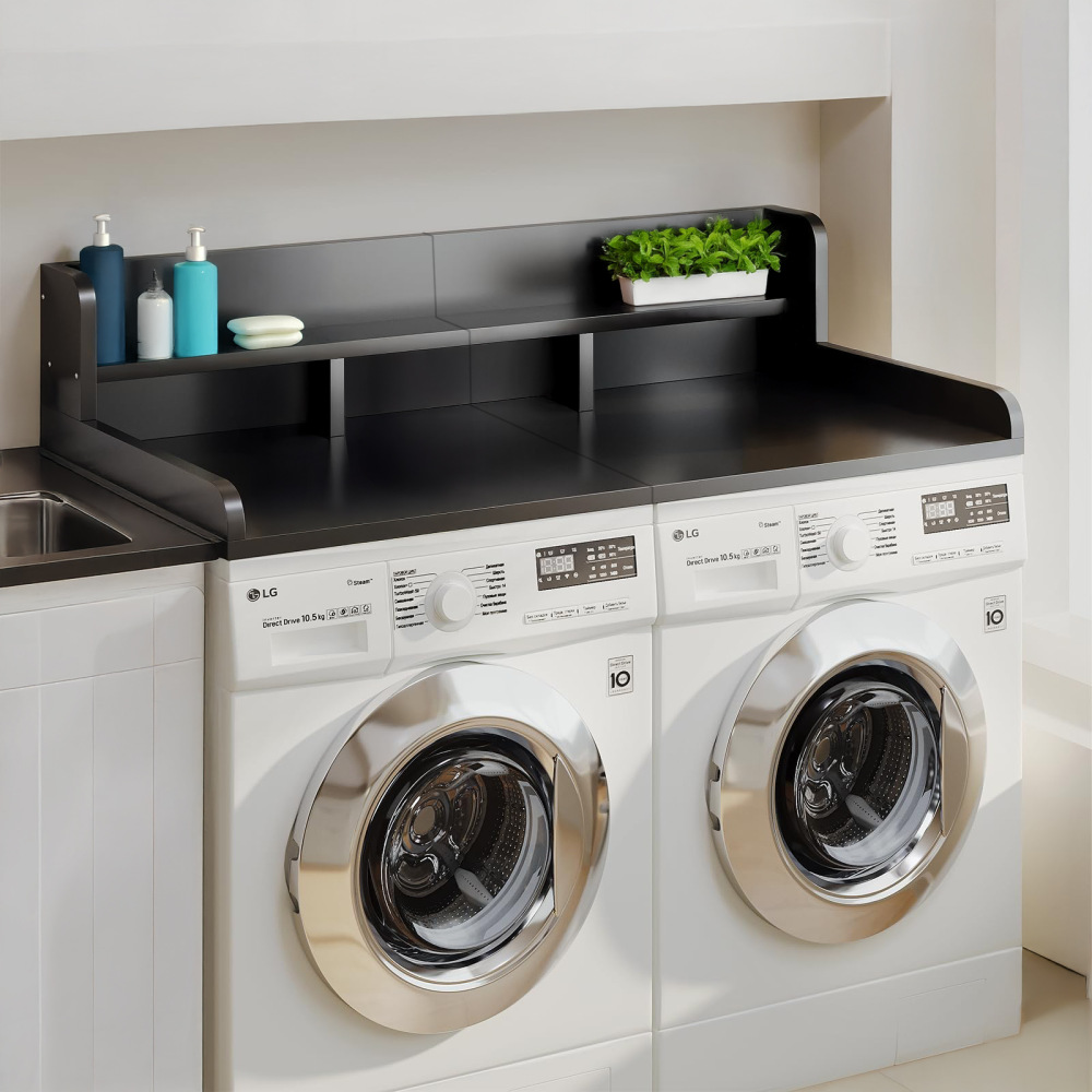 2-Tier Washer Dryer Countertop with Edge Rails, Washer and Dryer Double Topper, Water-Resistant Laundry Topper for Laundry Hamper Counter Storage, Black, 54" W x 27.5" D, Black
