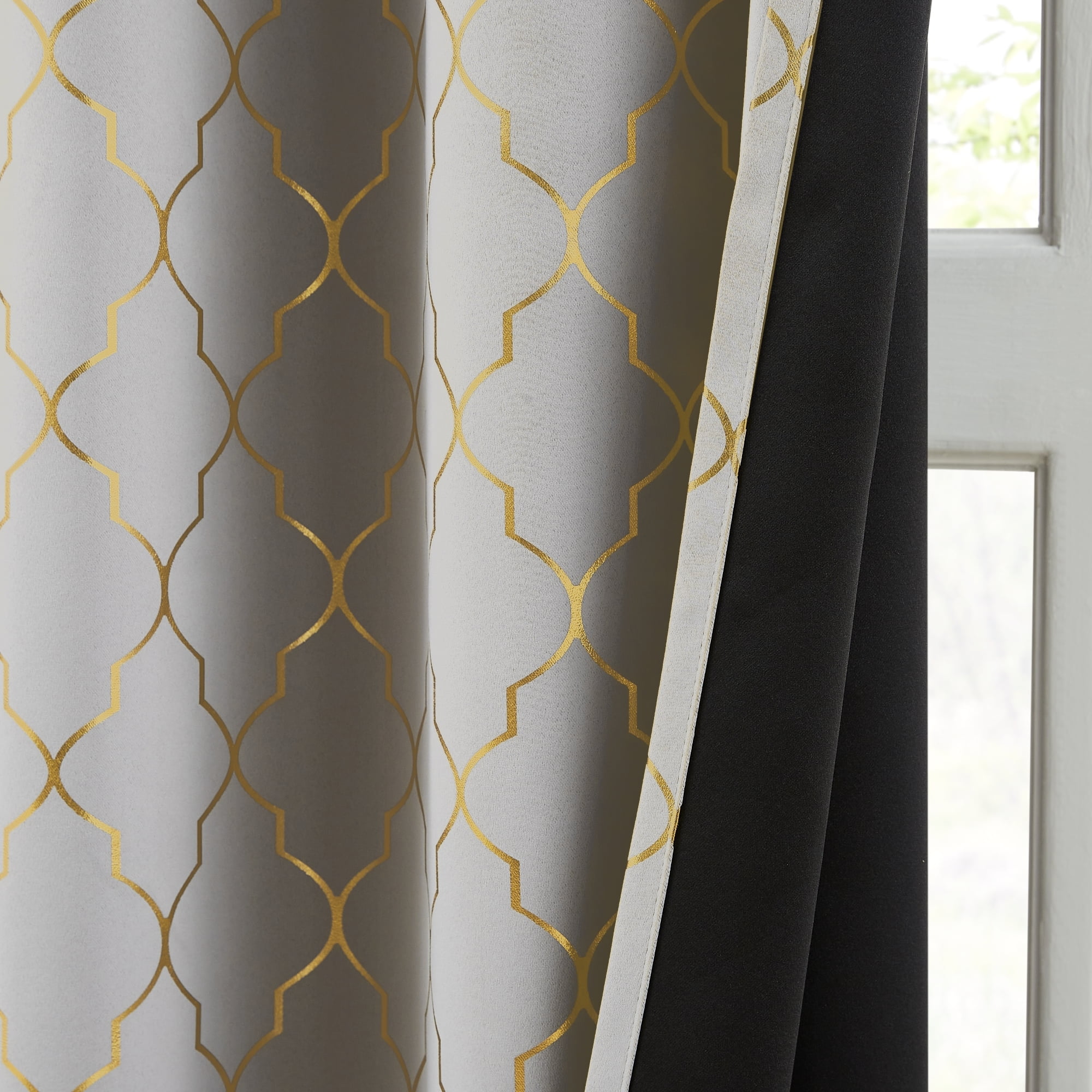 Bohogeo Grey Full Blackout Window Curtain Panels with Gold Geo Moroccan Metallic Printed Pattern,Modern Grommet Drapes for Bedroom,Thermal Insulated Window Treatment,52" Wx84 L(Pack of 2),Grey/Gold