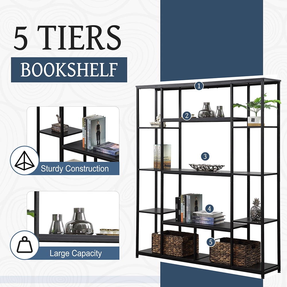 Resenkos 5 Tier Tall Industrial Bookcase Wood Metal Frame Standing Book Shelf, Display Bookshelves Storage Organizer,Black Resenkos 5 Tier Tall Industrial Bookcase Wood Metal Frame Standing Book Shelf, Display Bookshelves Storage Organizer,Black