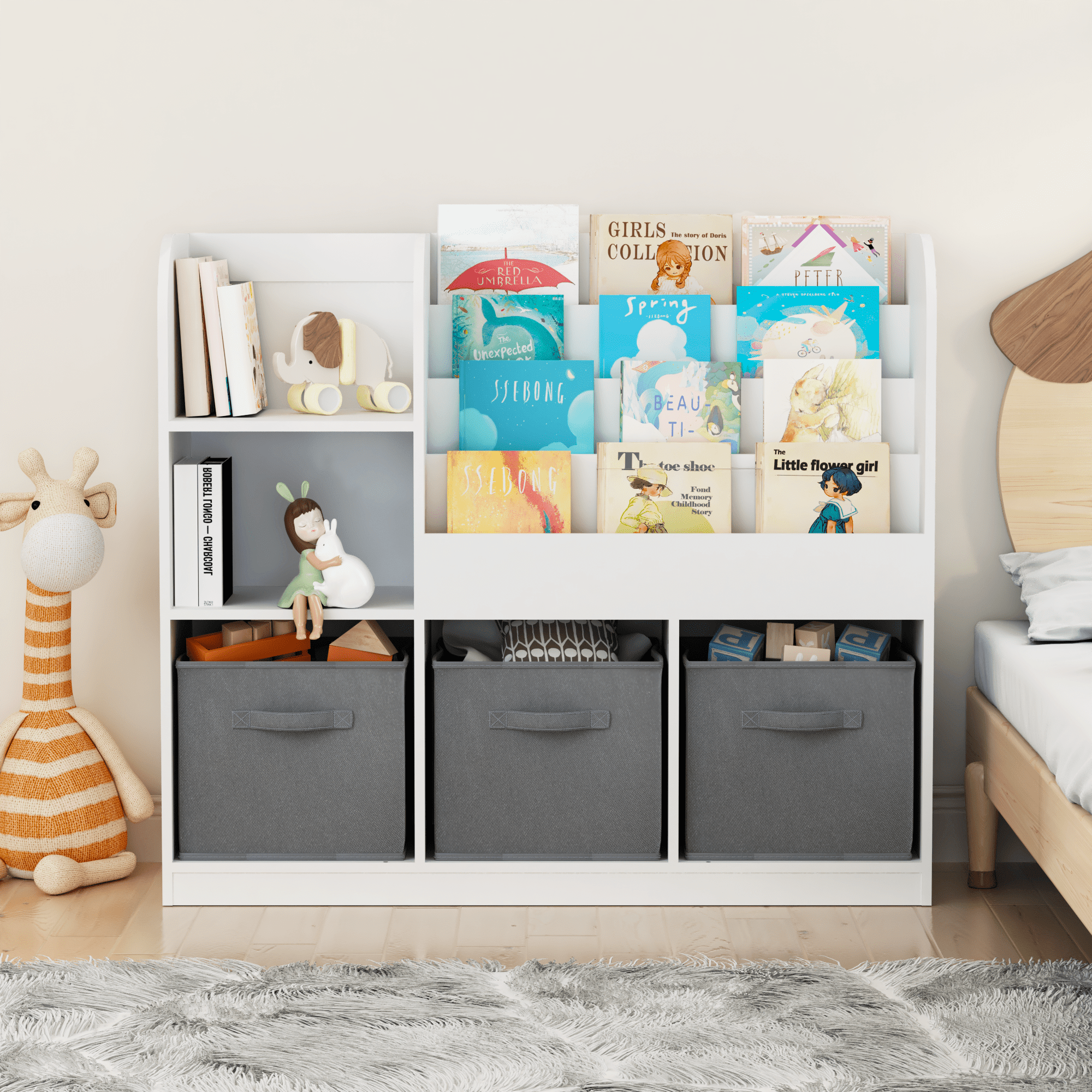 Miniyam Bookshelf with Storage Bins, Book Display, Anti-Tip for Kids, Gray