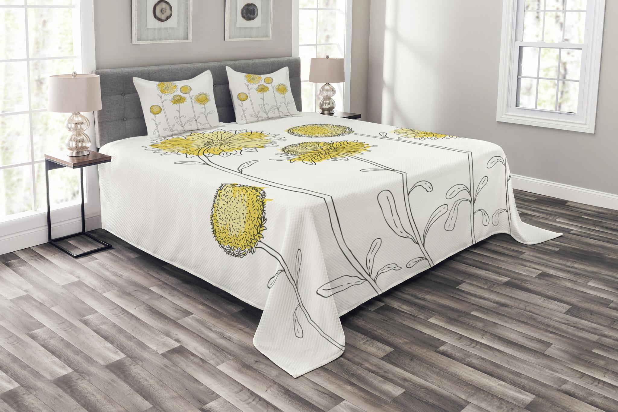Yellow Flower Bedspread Set, Hand Drawn Style Sunflowers on Twigs