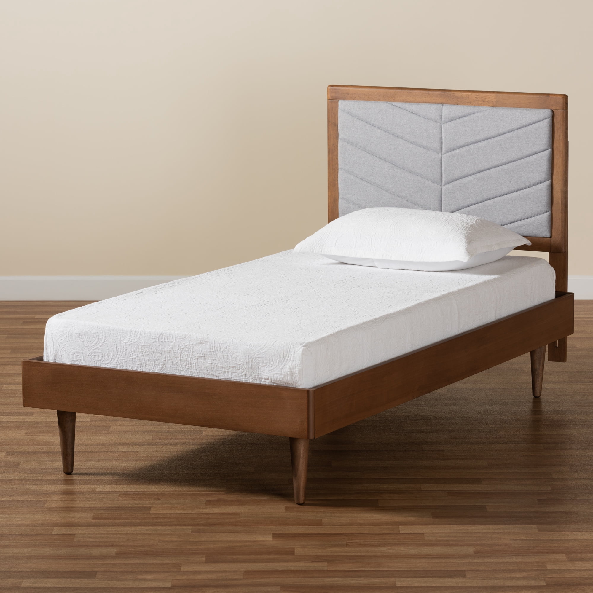 Baxton Studio Tasha Mid-Century Modern Light Grey Fabric Upholstered and Walnut Brown Finished Wood Twin Size Platform Bed