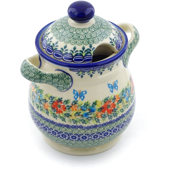 Polish Pottery 8-inch Jar with Lid and Handles (Red Cornflower And Blue Butterflies Theme) Signature UNIKAT Hand Painted   Certificate of Authenticity