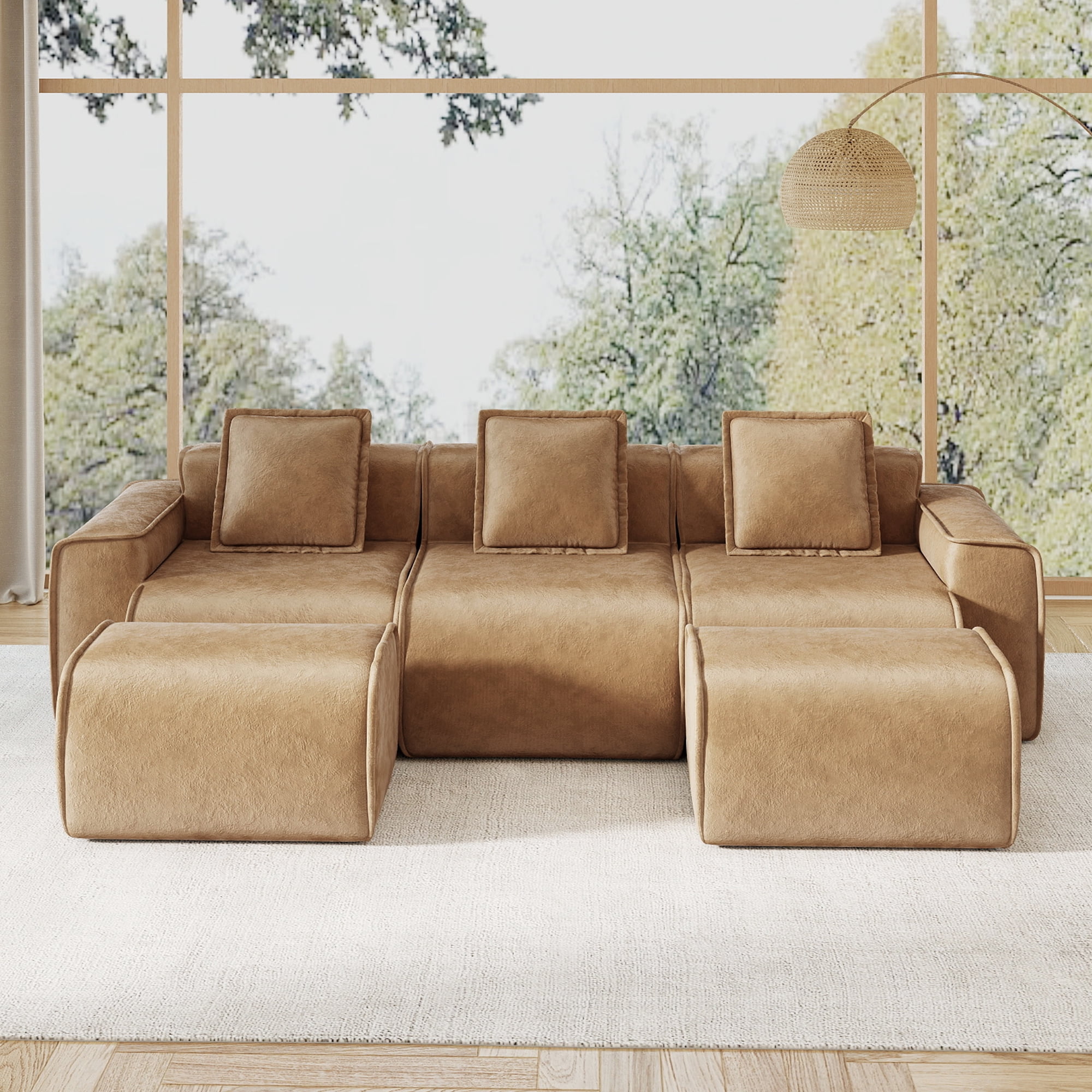 109" 3-Seat Modular U-Shaped Sectional Sofa, Brown Velvet with 2 Movable Ottomans & Throw Pillows, No Assembly Required