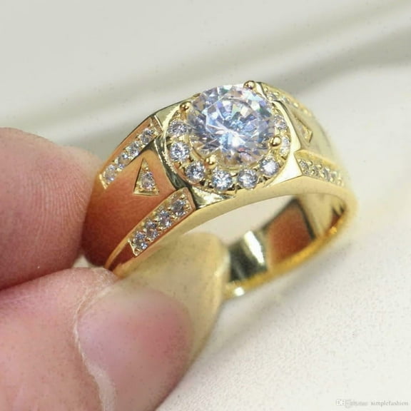 Men's Fashion Pinky Ring 14K Yellow Gold Plated 925 Silver 2Ct Round Lab Created VVS1/D Diamond