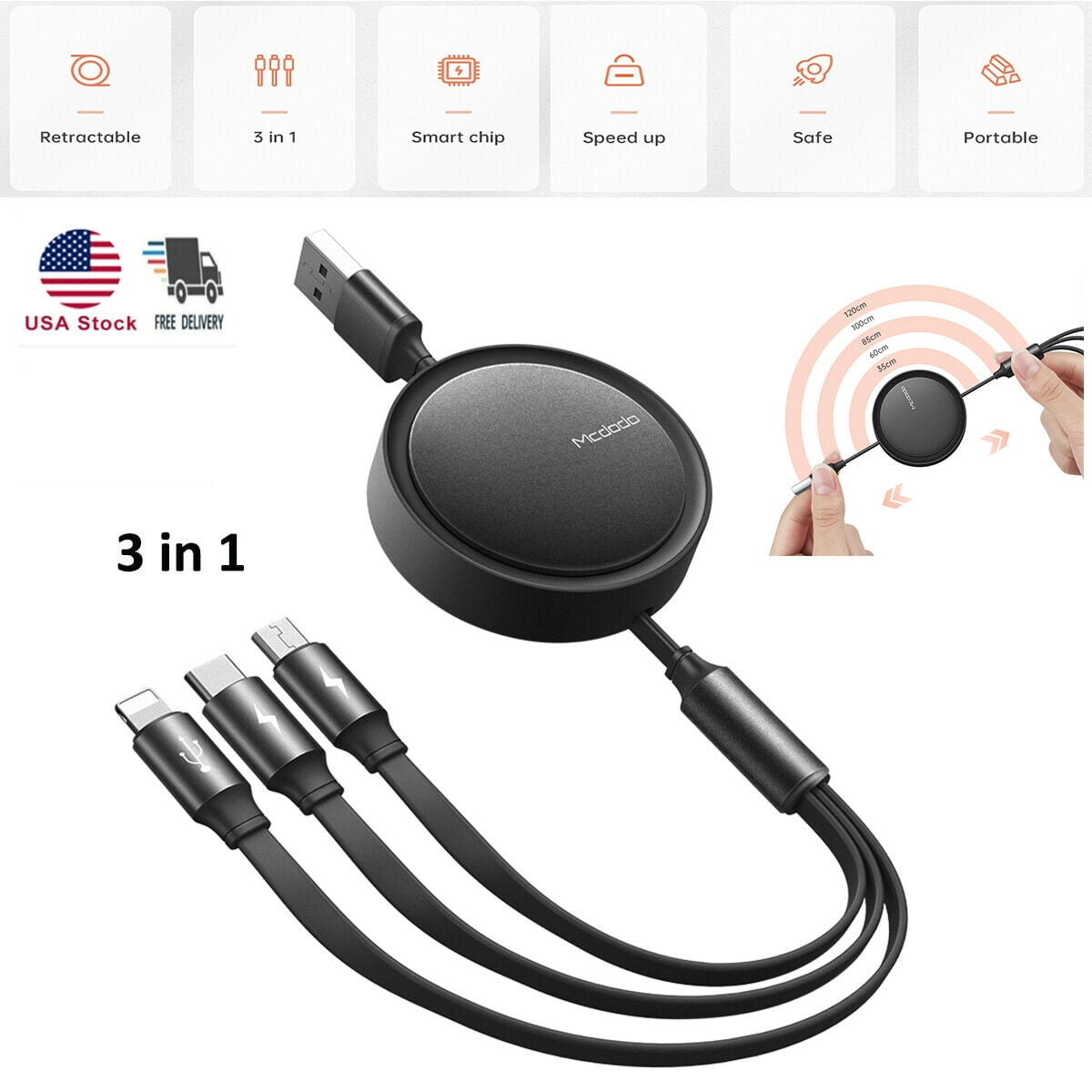 Apple and Type-C for Mobile Phones and Tablets Chinese Style Landscape Painting Ink Painting 3-in-1 Retractable Multi-Function Charging Cable for Android 