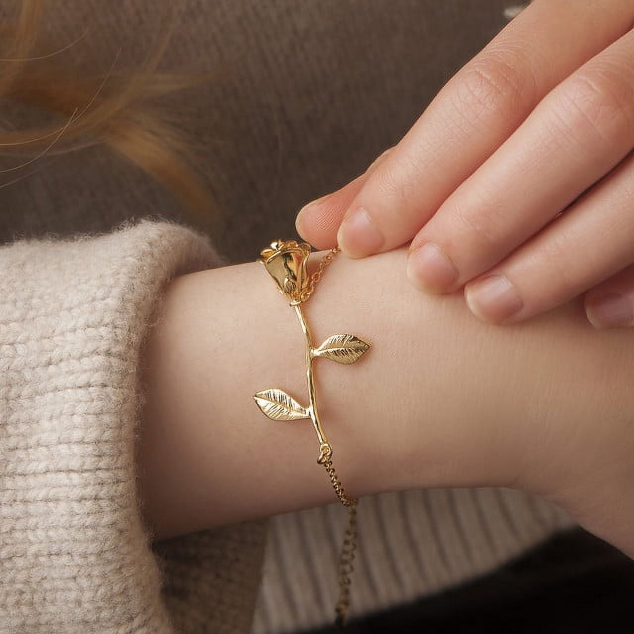 Gold Brass Rose Flower Bracelet Jewelry Valentine's Day Gift Set for Her
