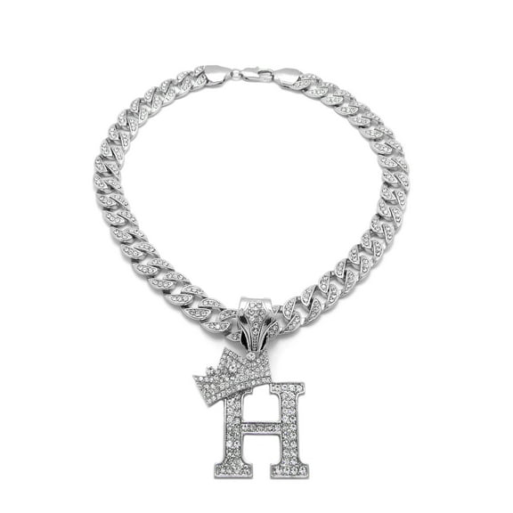 iJewelry2 Kings and Queens Crowned Initial Letter H Crystals Pendant Silver-tone Cuban Linked Chain Necklace