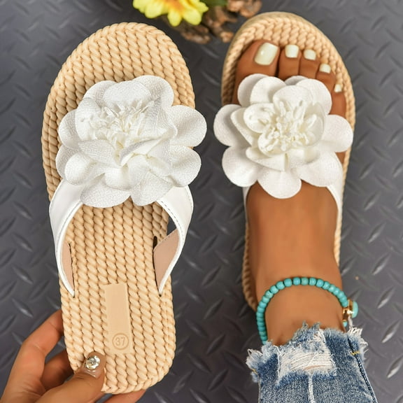 Fdrone Women Dressy Flip Flops - Flat Open Toe Flower Shoes Non-Slip Sole with Lace Flower Woven Outsole Comfortable Beach Arch Support Soft Sole Footwear