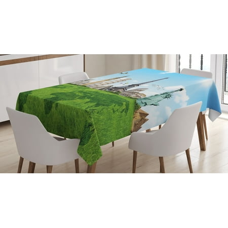 Map Tablecloth, Famous Historical Monuments of the World Theme Holiday Travel Destinations, Rectangular Table Cover for Dining Room Kitchen, 52 X 70 Inches, Pale Blue Green Ivory, by